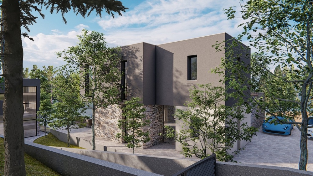 Boční pohled na moderní vilu na prodej v Chorvatsku, s parkovacími místy a stromy