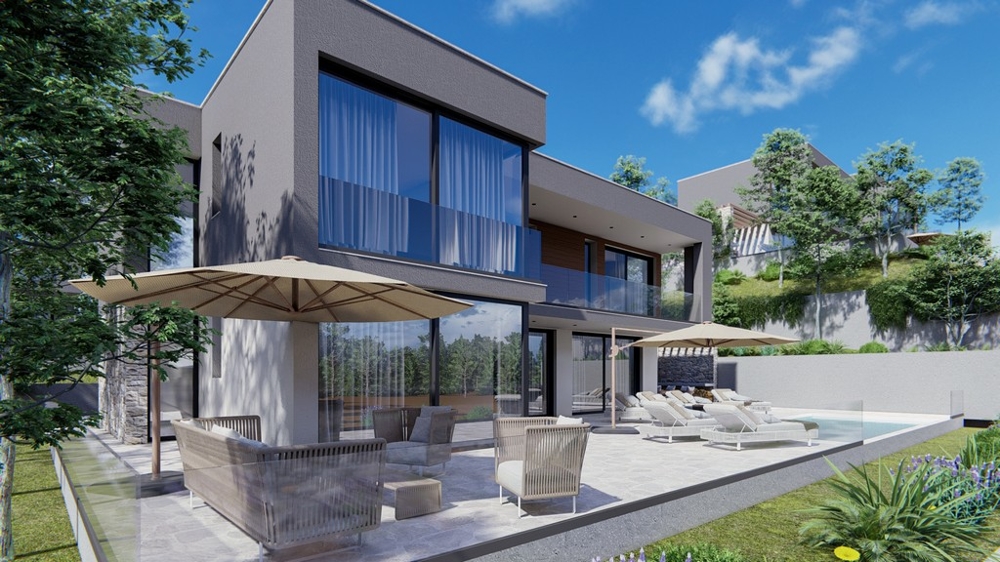 Detailní pohled na moderní vilu s venkovní terasou a slunečníkem v Chorvatsku.