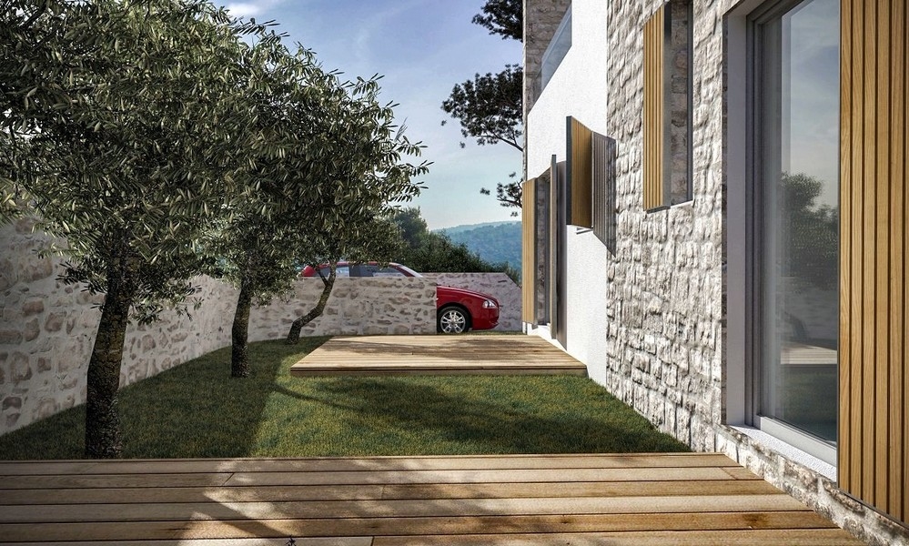 Parkoviště s olivovníkem vedle moderní vily na prodej v Jezera, Murter, Chorvatsko