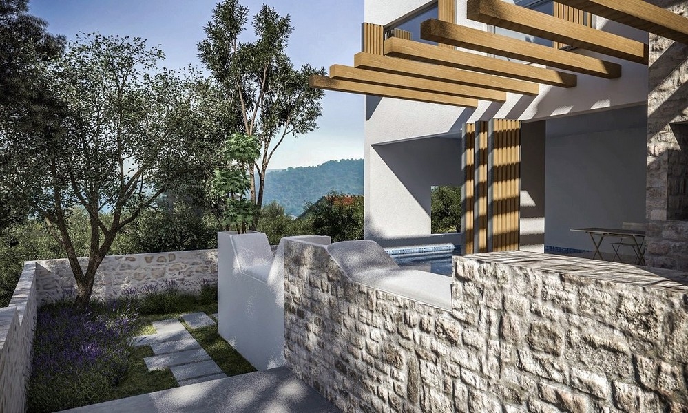 Vnější pohled na terasu s pergolou u vily na prodej v Jezera na ostrově Murter, Chorvatsko