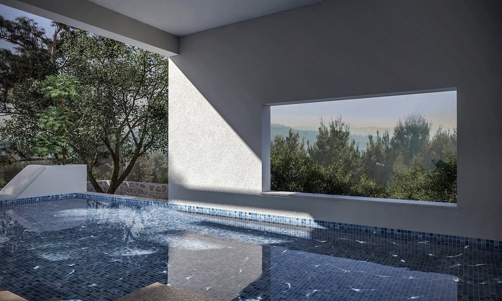 Vnitřní pohled na krytý bazén s výhledem na moře ve vile na prodej v Jezera, Murter, Chorvatsko