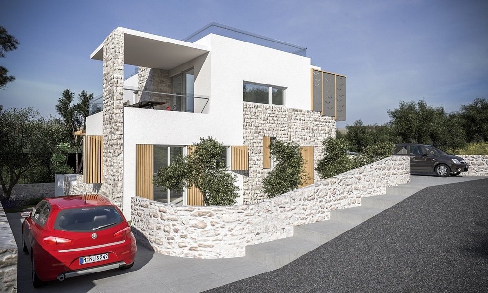 Čelní pohled na moderní vilu s parkovacím místem na prodej v Jezera, Murter, Chorvatsko