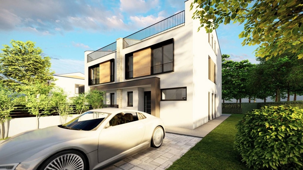Boční pohled na moderní dvojdomek s autem a listovou zahradou
