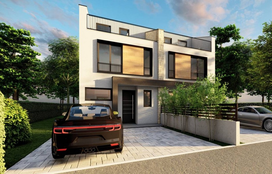 Čelní pohled na moderní dvojdomek s vozidly vpředu, nabízený realitní kanceláří Panorama Scouting