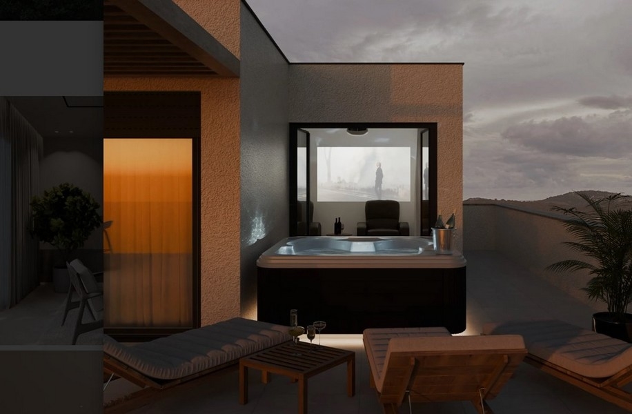 Útulné domácí kino se dvěma křesly, promítacím plátnem a lahví vína na odkládacím stolku ve vile s výhledem na moře