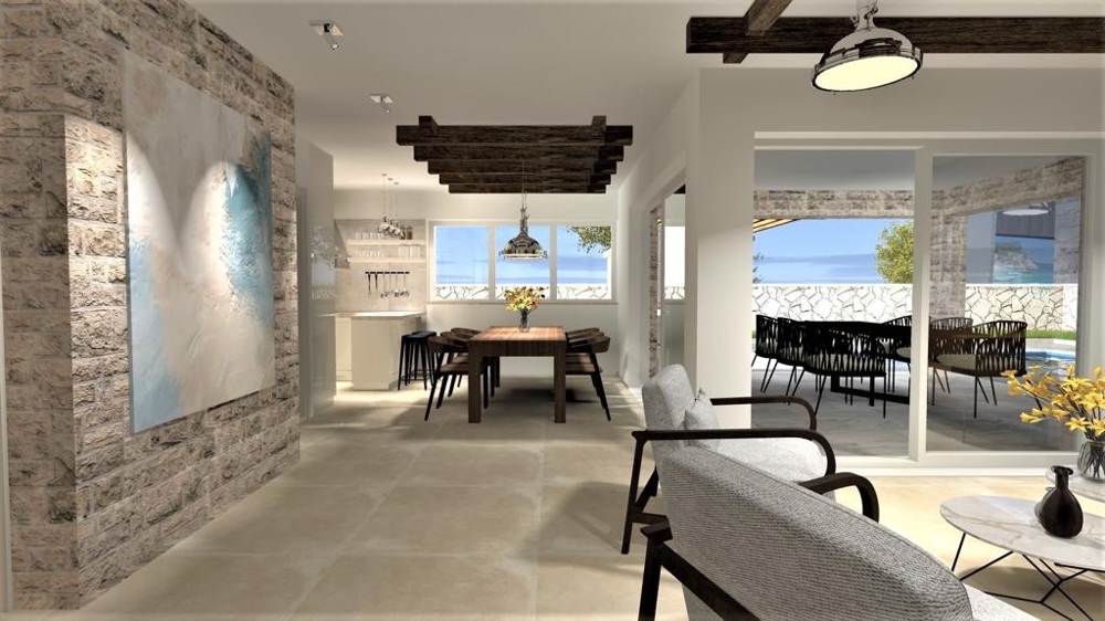 Otevřený obývací prostor s jídelnou a obývacím pokojem ve vile ve Vrbniku na ostrově Krk, nemovitost Chorvatsko, Vrbnik, ostrov Krk vila na prodej