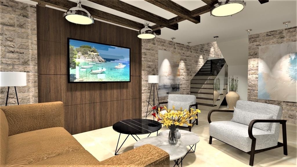 Útulný obývací pokoj s moderním designem ve vile ve Vrbniku, Ostrov Krk, Nemovitosti Chorvatsko, Vrbnik, Ostrov Krk Vila na prodej