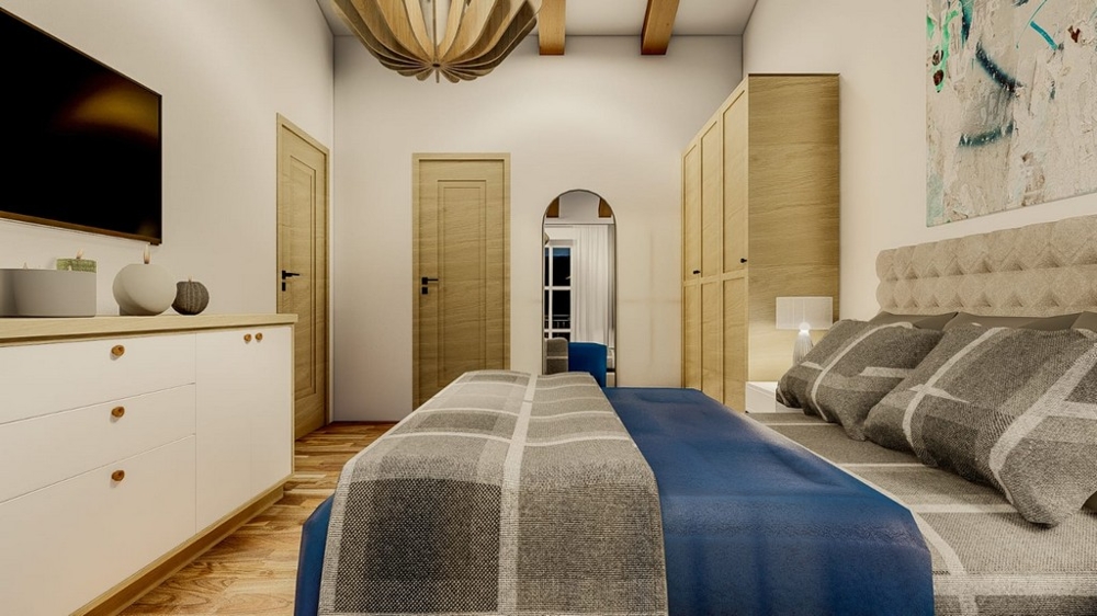 Středomořská vila s výhledem na moře, ostrov Krk, ložnice s TV a dřevěnými dveřmi