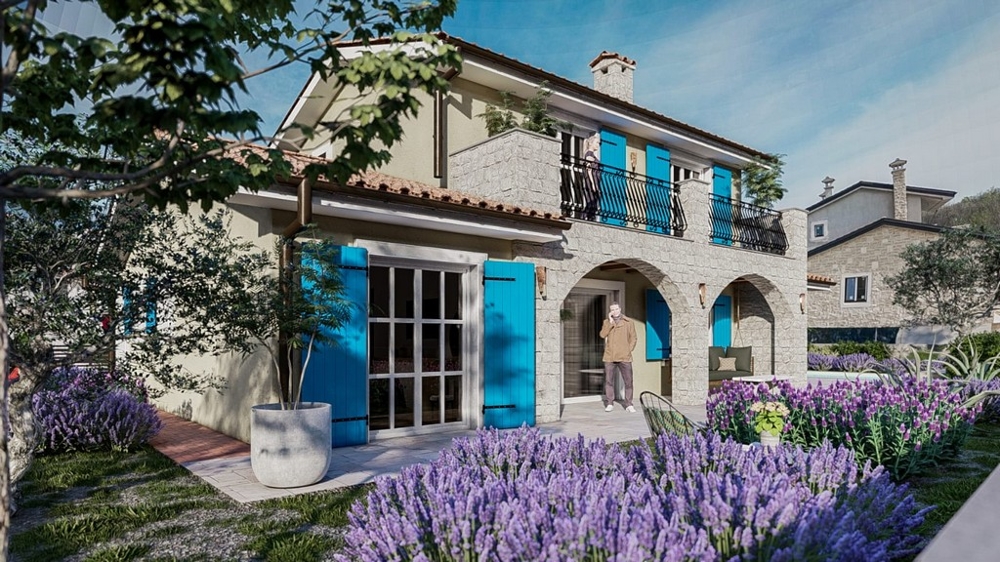 Vstupní prostor okouzlující středomořské vily s modrými dveřmi na ostrově Krk