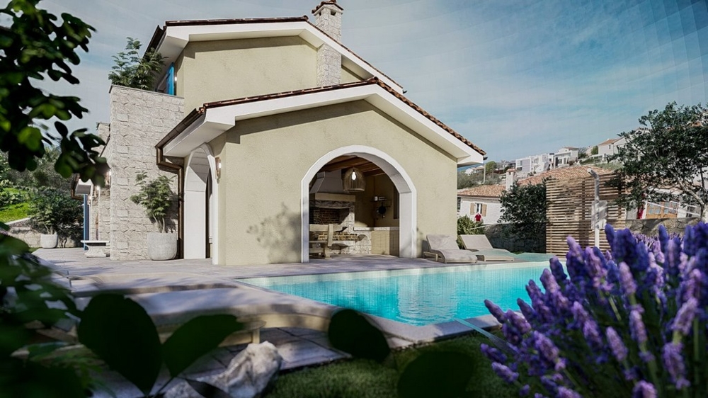 Středomořská vila s bazénem a krytou terasou na ostrově Krk