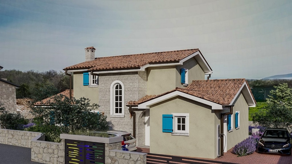 Vnější pohled na luxusní středomořskou vilu s kamennou zdí na ostrově Krk