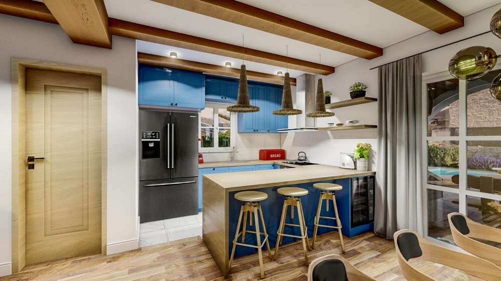 Moderní kuchyně ve středomořské vile s výhledem na moře na ostrově Krk