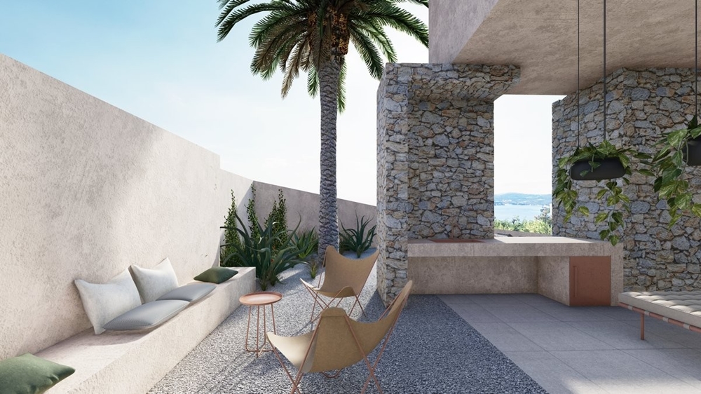 Obývací pokoj s výhledem na moře ve vile H3358 nedaleko Rogoznice v Chorvatsku.