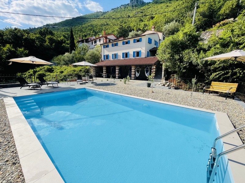 Vnější pohled na vilu s modrým bazénem, ​​sluneční terasou a okolní přírodou