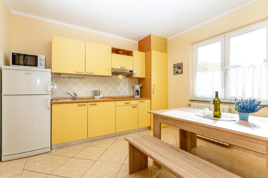 Žlutá kuchyně s jídelním stolem a lavicemi, světlé obklady na stěnách