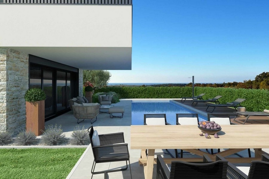 Moderní terasa s bazénem a posezením