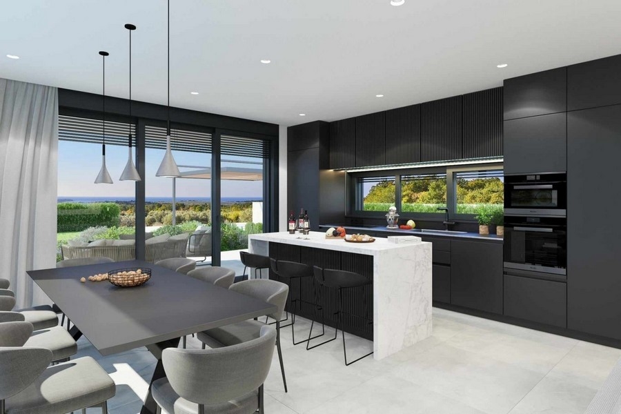 Černá moderní kuchyně s ostrůvkem