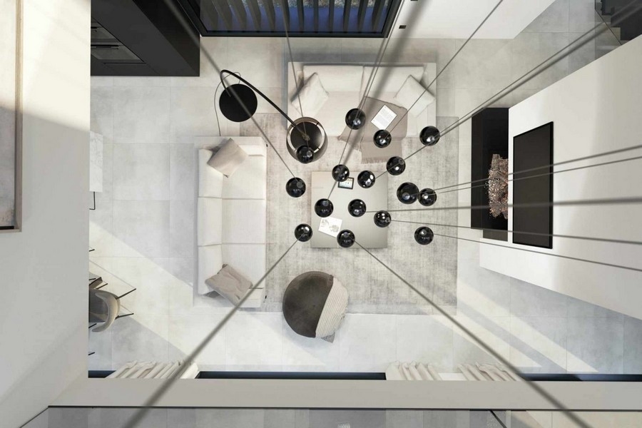 Letecký pohled na obývací pokoj s moderním designem