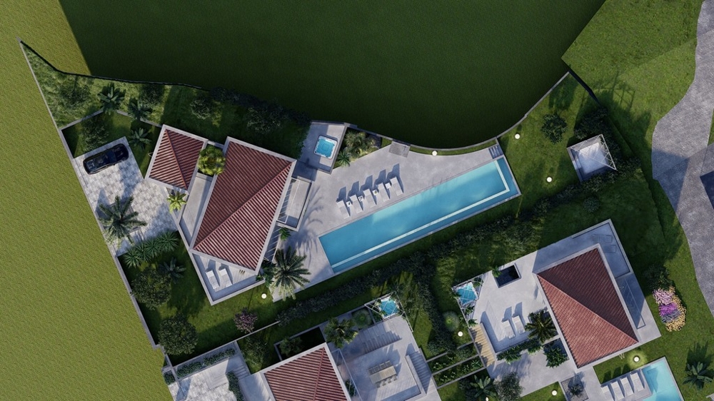 Vila H3473 v Chorvatsku z ptačí perspektivy s výhledem na střechu a bazén.