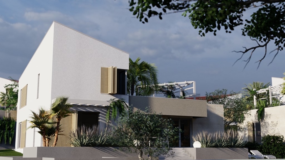 Moderní vila se zahradou a středomořskými rostlinami