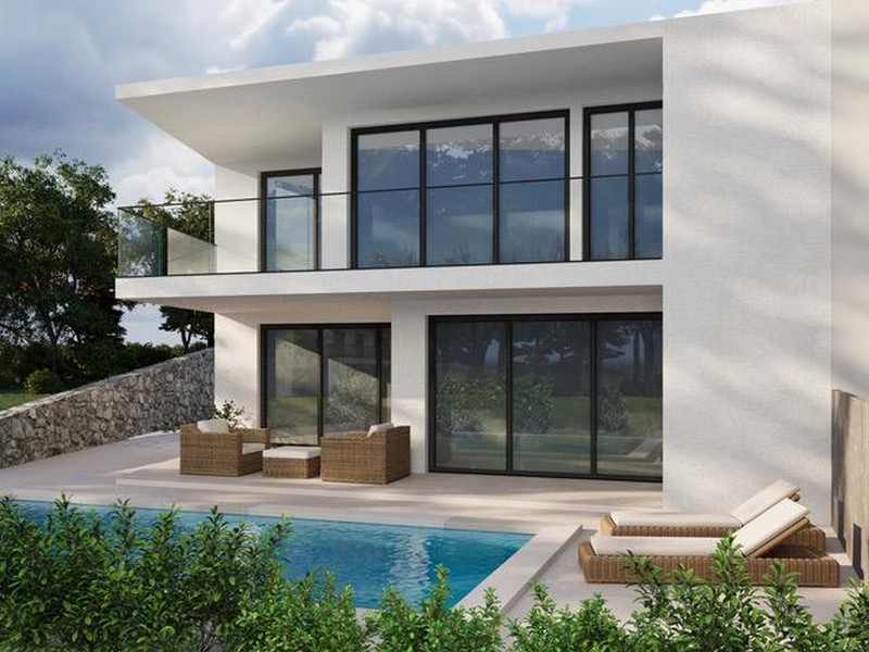 3D obrázek nového dvojdomu s bazénem na prodej v Chorvatsku.