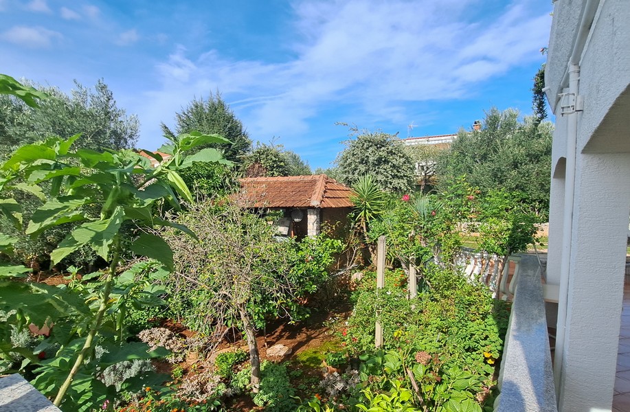 Výhled do zahrady se stromy a malým kamenným domem.