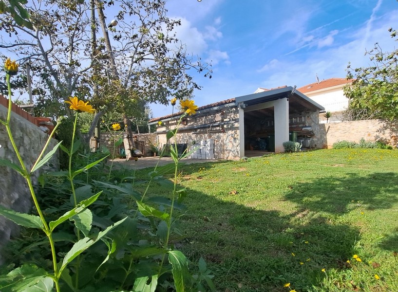 Venkovní plocha s trávníkem, stromy a kamennou konstrukcí.