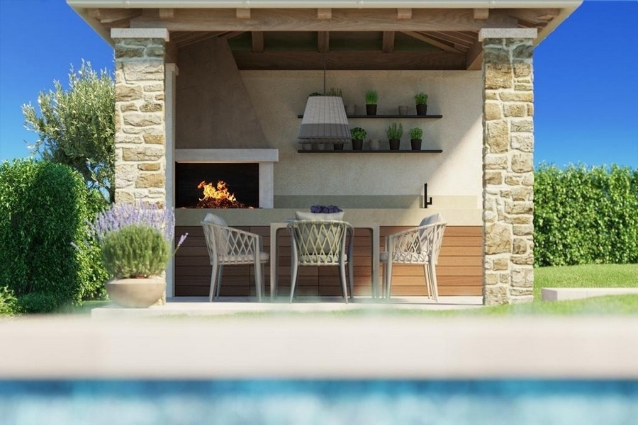 3D vizualizace letní kuchyně u bazénu.