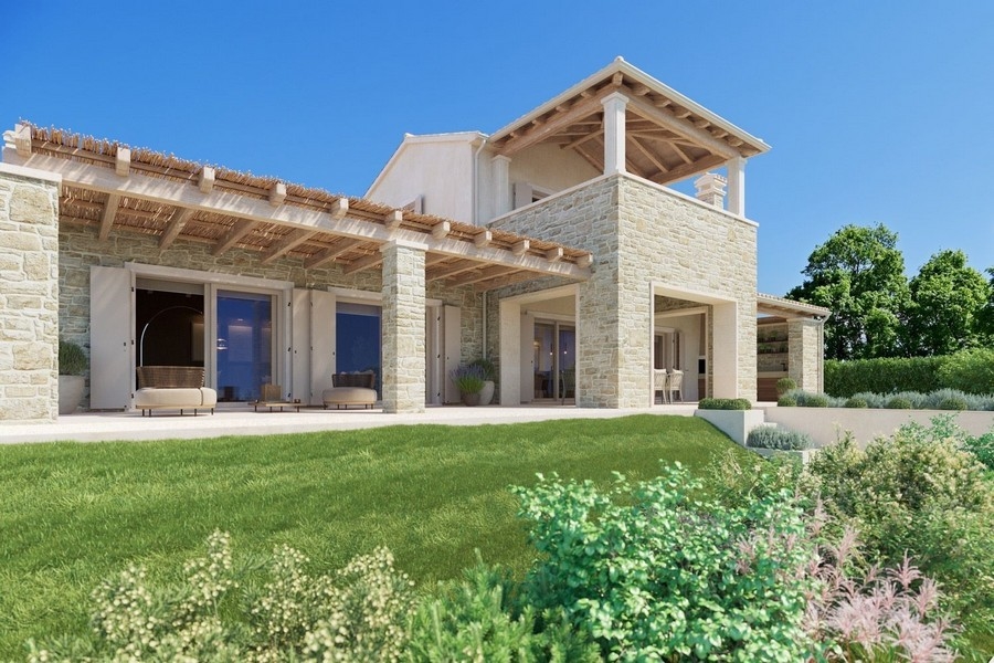 Vnější pohled na luxusní vilu s terasou a zahradou