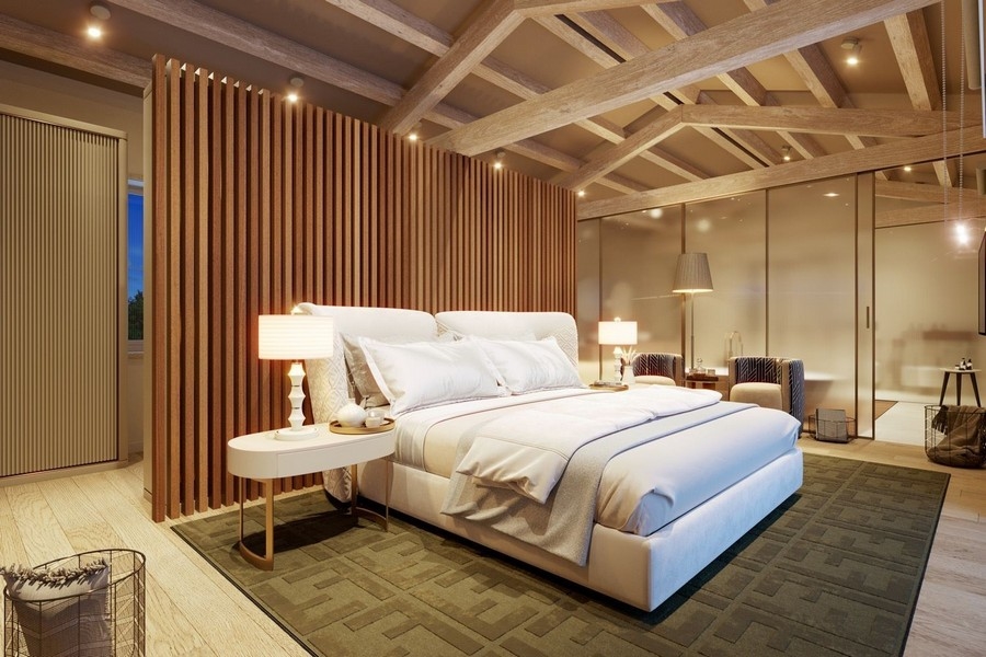 Ložnice s vysoce kvalitním nábytkem a osvětlením