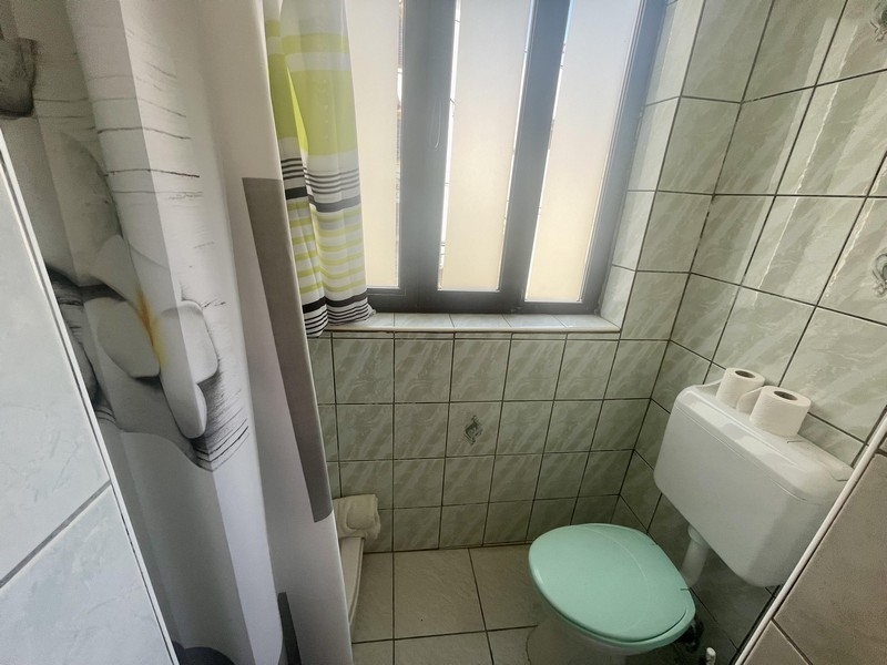 Koupelna se sprchovým koutem, toaletou a oknem