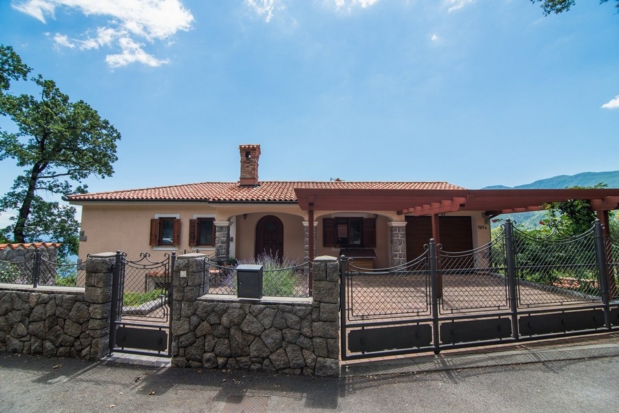 Čelní pohled na vilu s vchodem a bránou