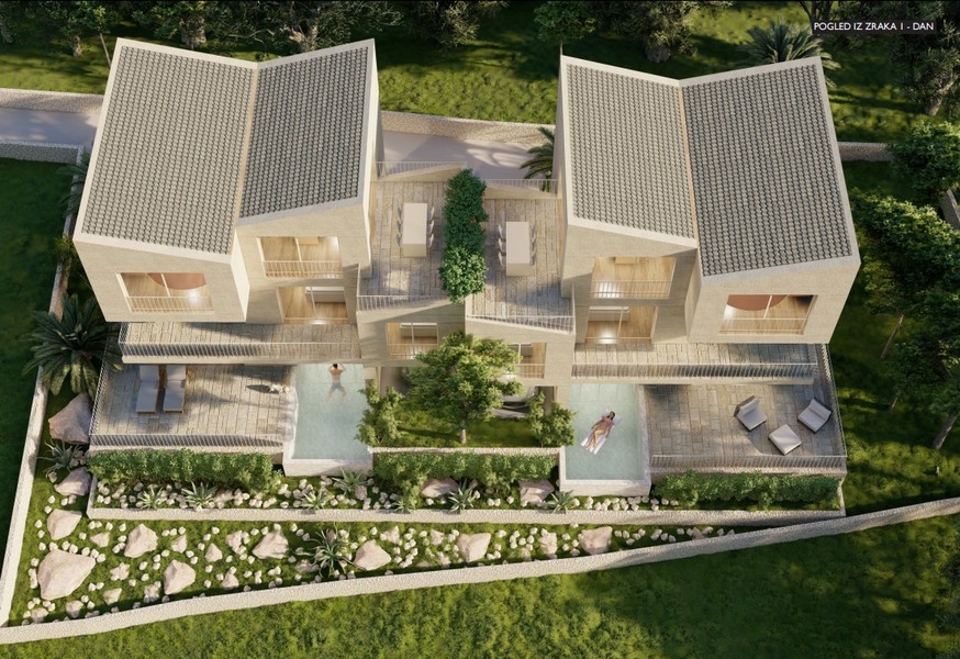 Architektova vizualizace moderního dvojdomu s bazénem, ​​denní pohled diagonálně nahoře