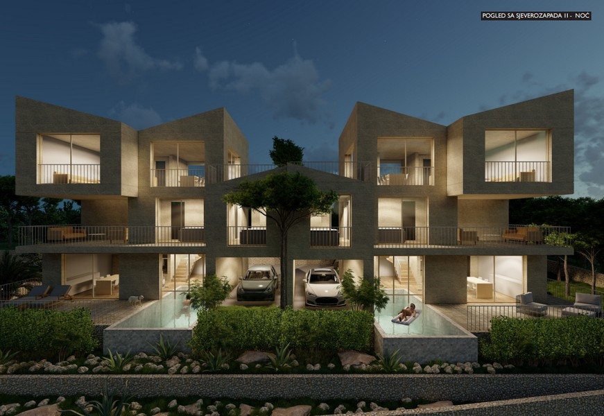 Letecký pohled na dvojdomek se zahradou a bazény, denní světlo záběr zepředu