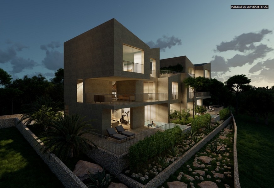 Noční výhled s osvětlením, moderní vila s garáží a bazény