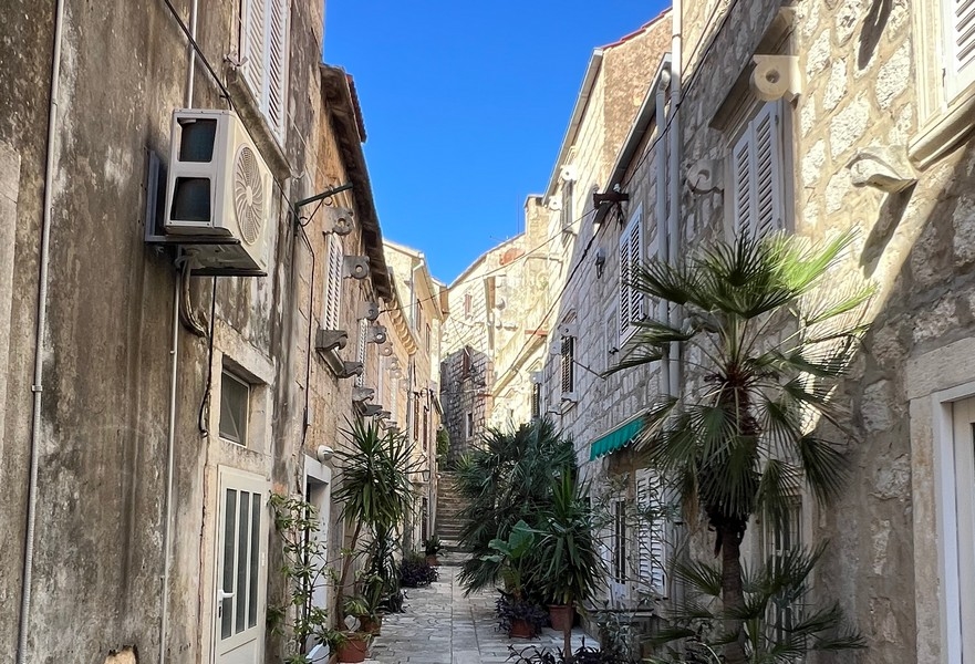 Alej s palmami a kamennými domy v Orebiči.