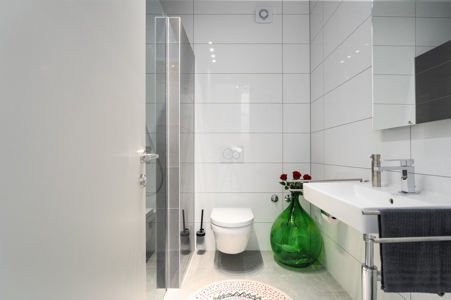 Moderní koupelna se sprchovým koutem a toaletou