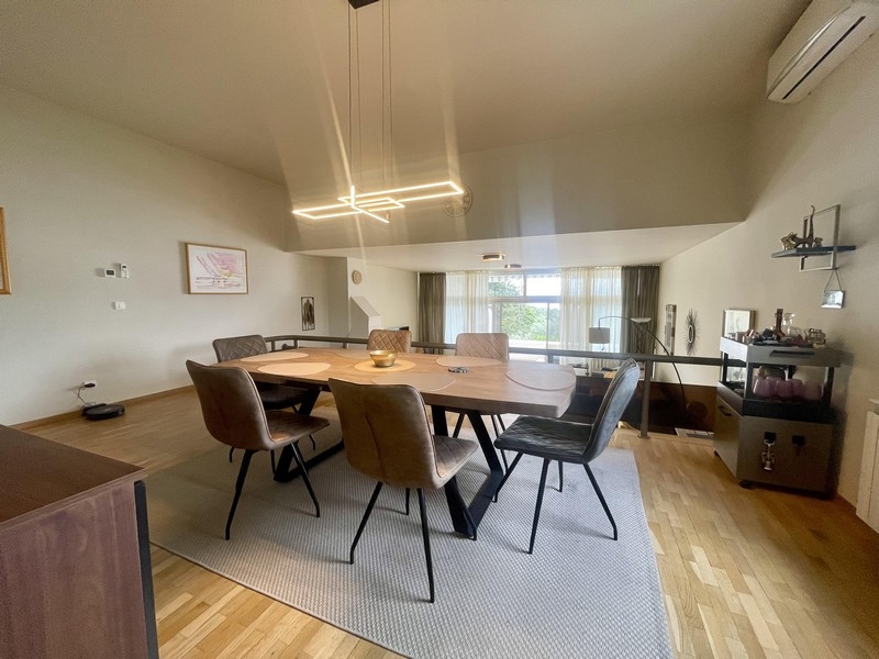 Jídelna s velkým stolem a výhledem do obývacího pokoje