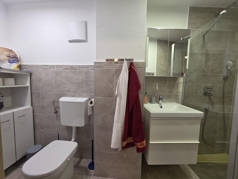 Moderní koupelna se sprchovým koutem, toaletou a umyvadlem