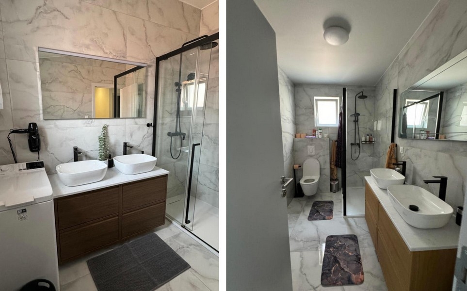 Moderní koupelna se sprchovým koutem a dvojitým umyvadlem