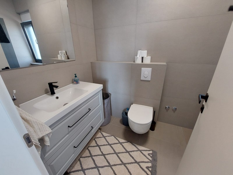 Moderní koupelna se sprchovým koutem a toaletou