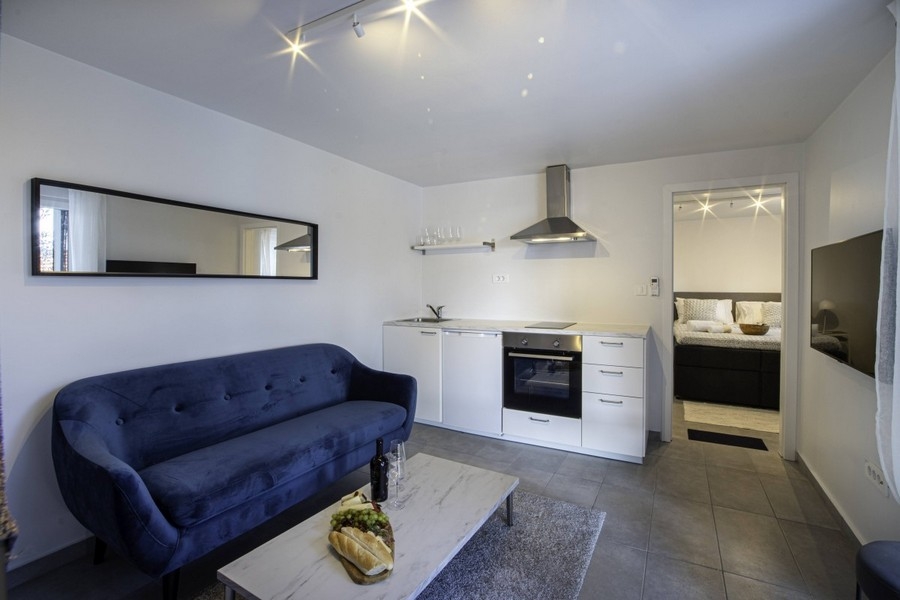 Obývací pokoj s pohovkou a otevřeným kuchyňským koutem