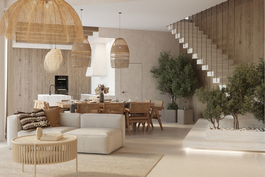 Stylový obývací prostor s otevřenou galerií a designovým osvětlením