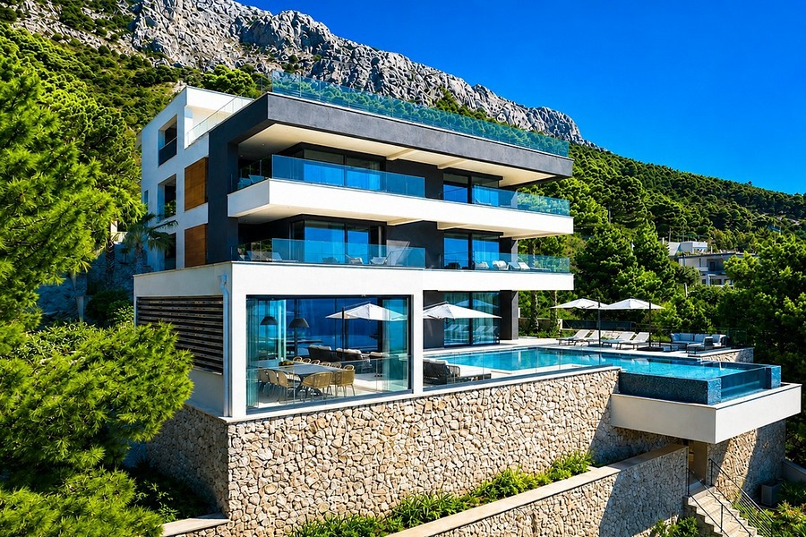 Moderní vila v první linii moře na Omišské riviéře