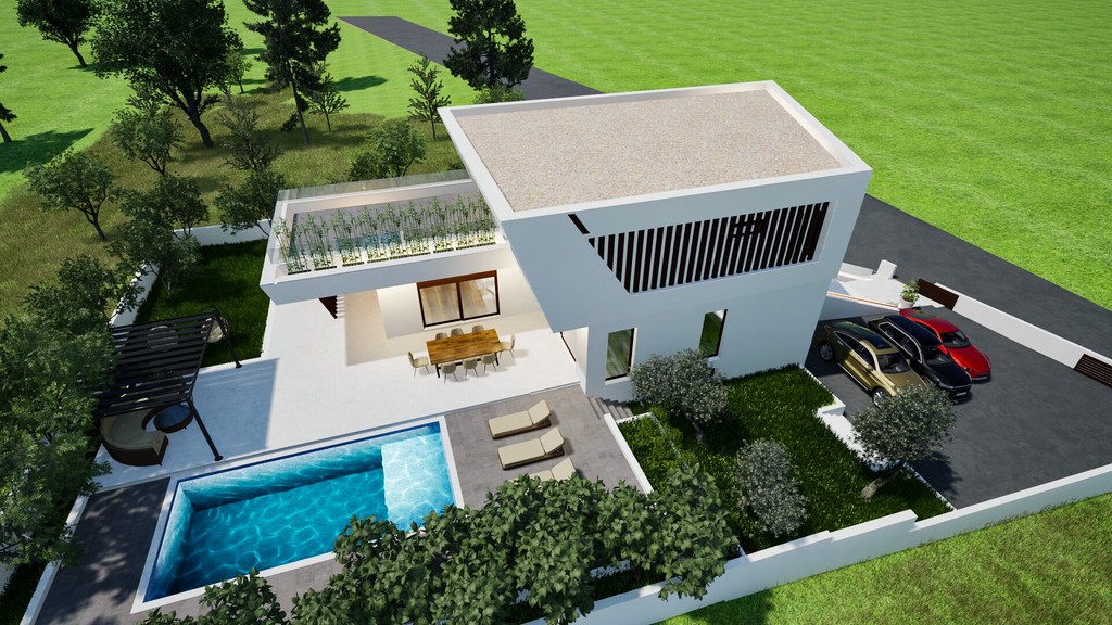 Vila s bazénem a příjezdovou cestou z ptačí perspektivy