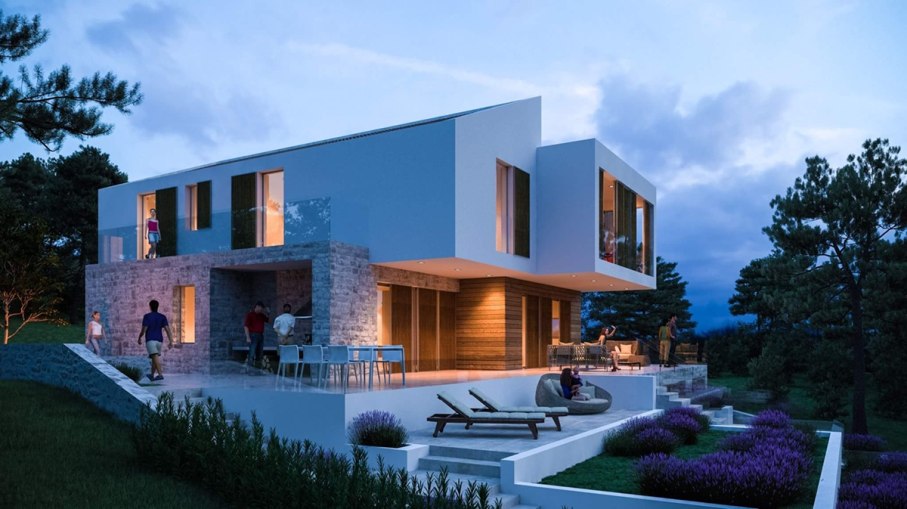 Zadní pohled na luxusní vilu H820 u Vodice v Dalmácii - Prodám vily v Chorvatsku.
